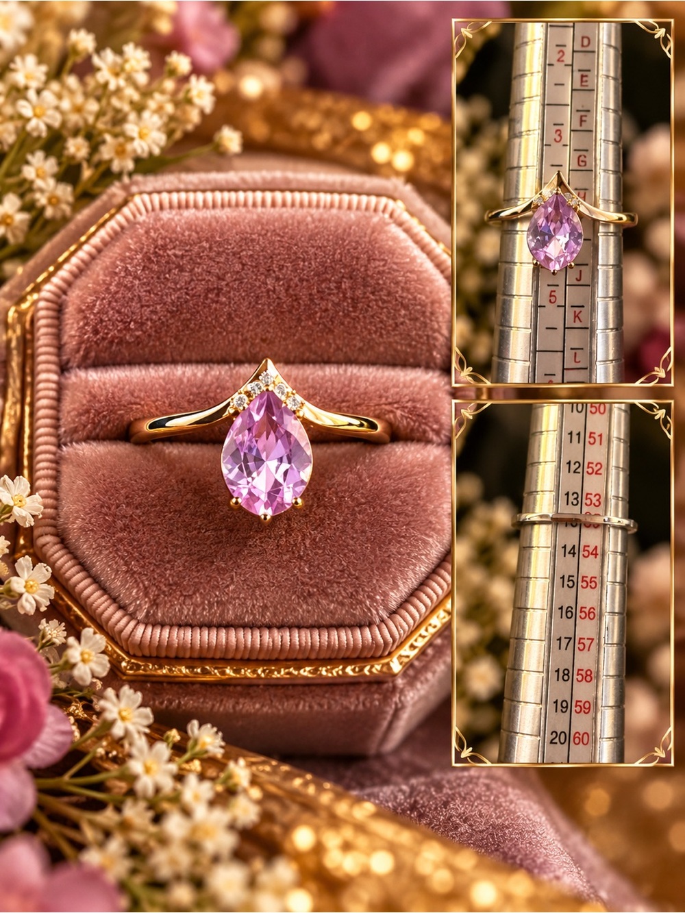 Source Unknown Gold Ring with Pear-Shaped Pink Stone and Accent Diamonds size 7